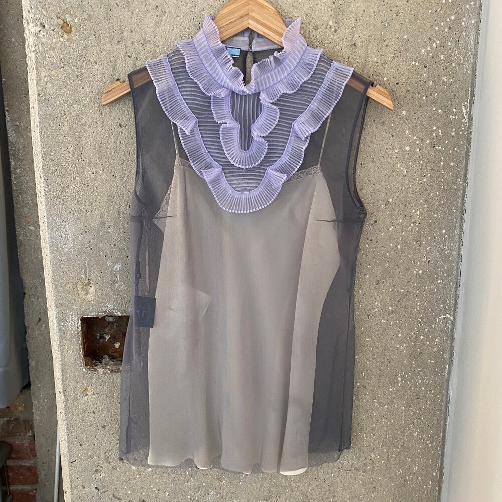 Prada silk organza sleeveless blouse with ruffles, crepe lining cami 10